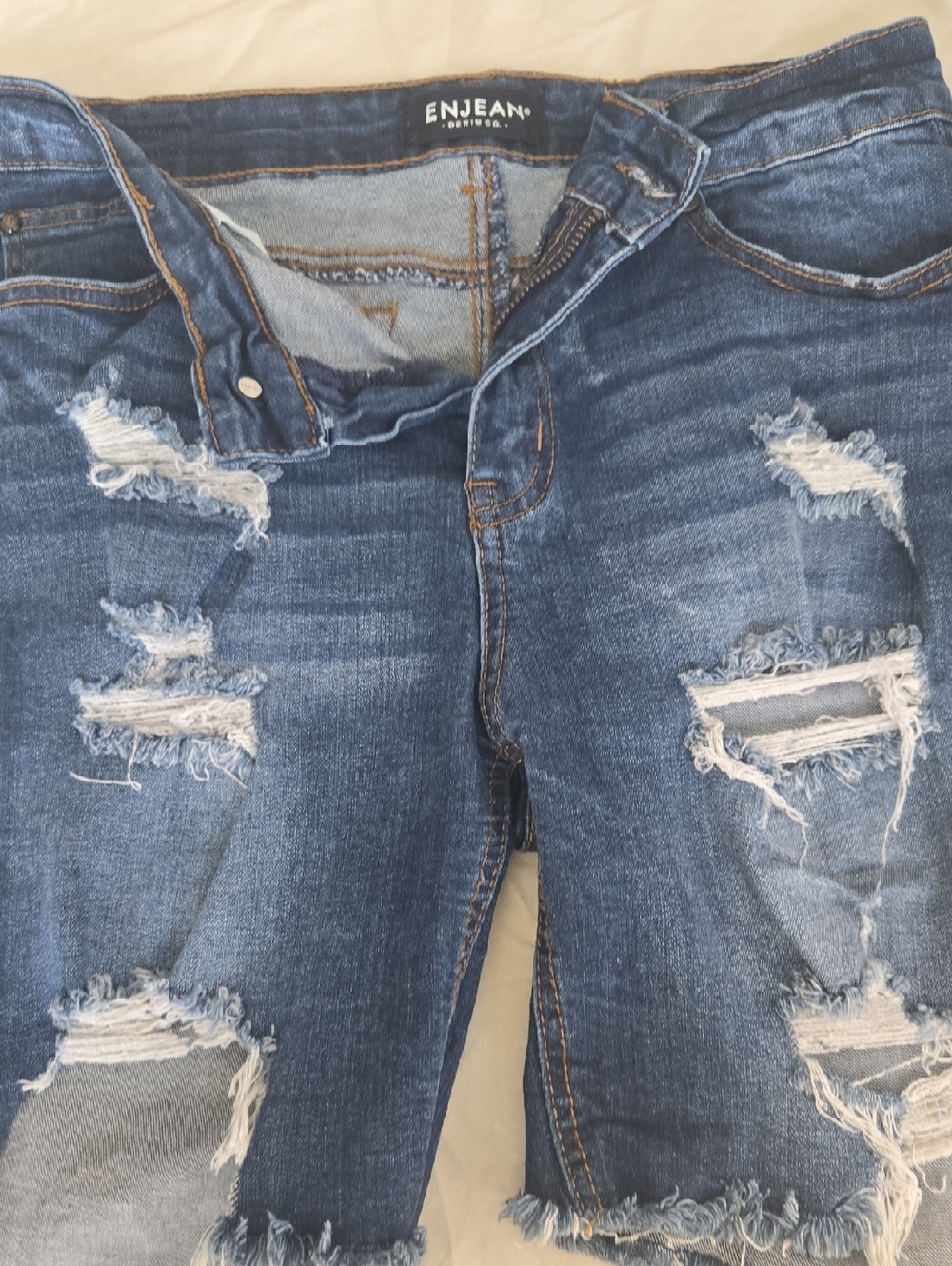 ENJEAN Women's Distressed Dark Blue Denim Jean Shorts
